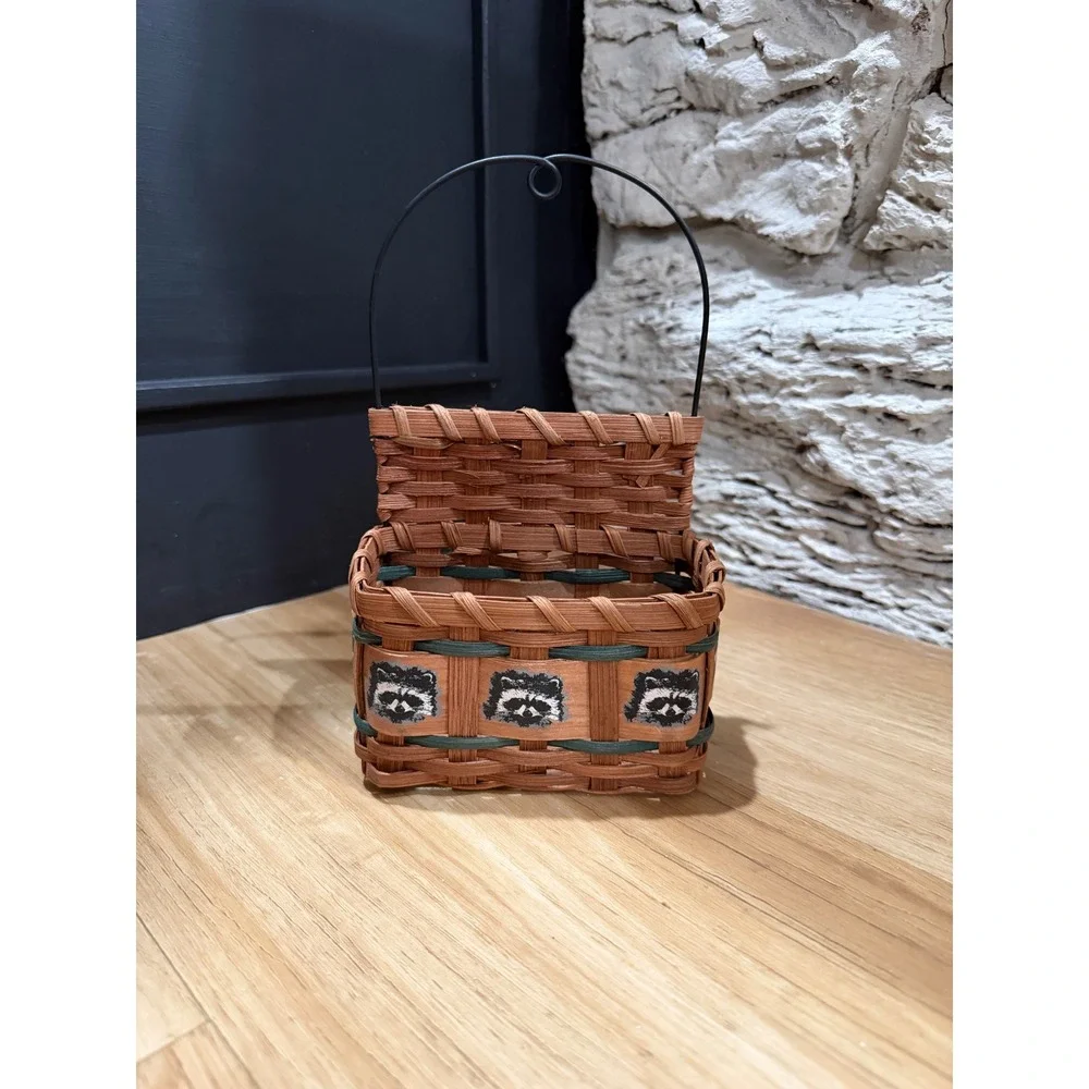 Vintage Woven Wood Wall Hanging Basket Raccoon Woodland Decor Brown